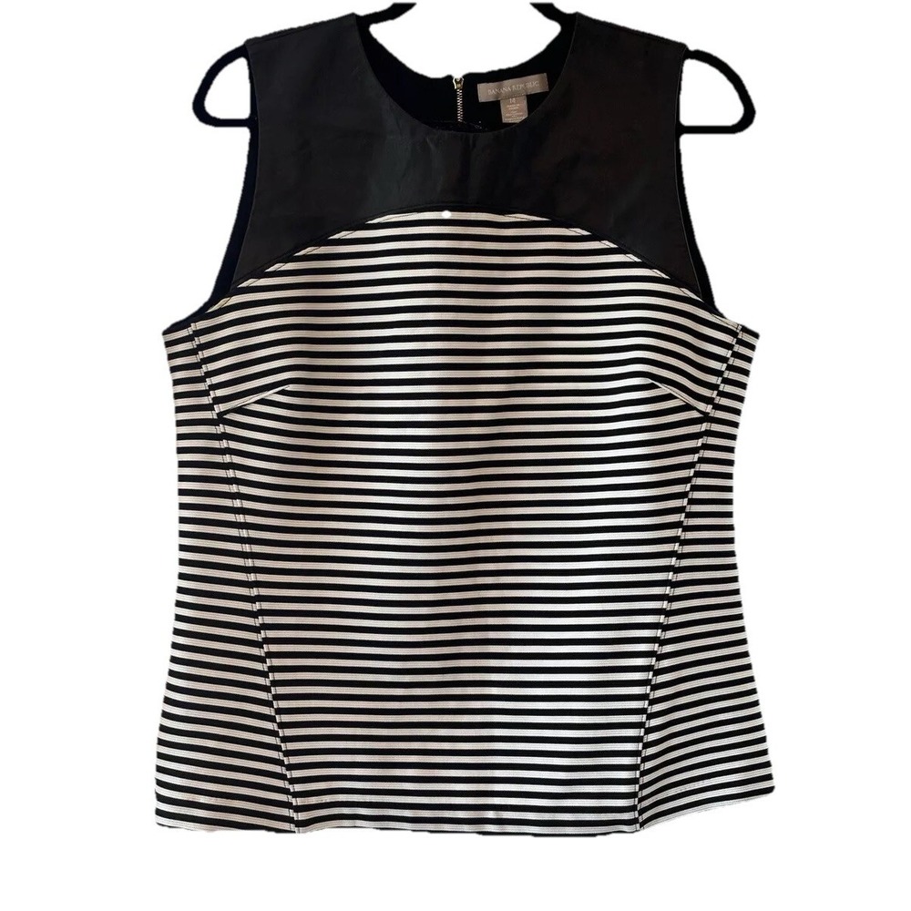 Women 14Banana Republic Tailored Sleeveless Top Black White Striped Faux Leather